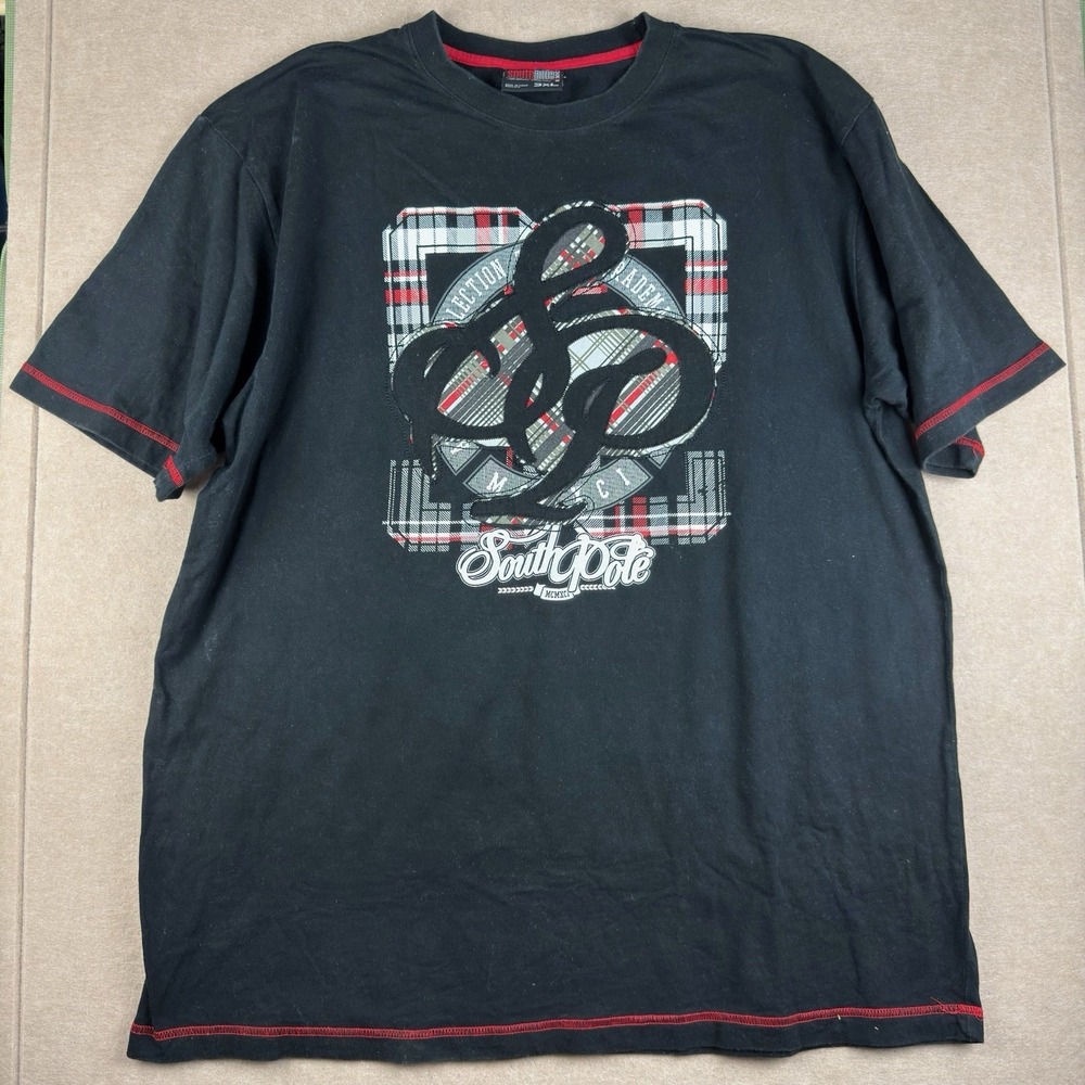 Southpole T-Shirt Men 3XL Black Plaid SP Logo Graphic Tee Red Stitching Hip‎ Hop